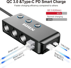 NDDI 120W Car Charger, Cigarette Lighter Splitter USB Car Adapter with QC 3.0 Qu