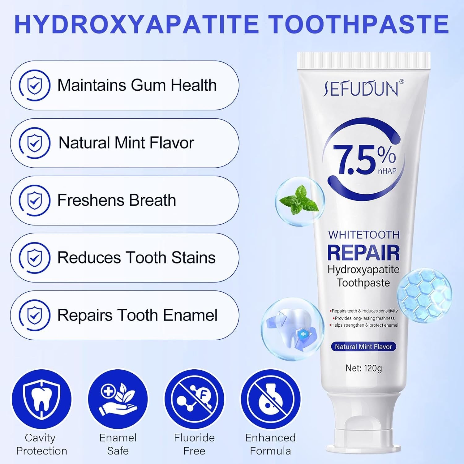 7.5% Hydroxyapatite Toothpaste 2 Pack, Fluoride-Free Nano Hydroxyapatite Toothpa