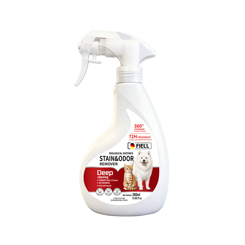FIELL Pet Stain & Odour Remover Spray 380ml, Bio‑Enzyme Deodoriser, Lick‑Safe for Dogs & Cats, 72H Long‑Lasting Odor Eliminator for Urine, Stool, Home Carpet Sofa