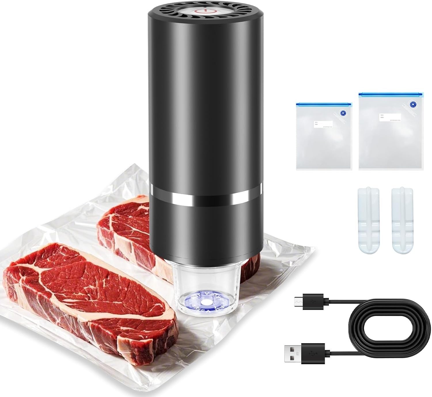 Portable Food Vacuum Sealer with 10pcs Reusable Sous Vide Bags Rechargeable Mini