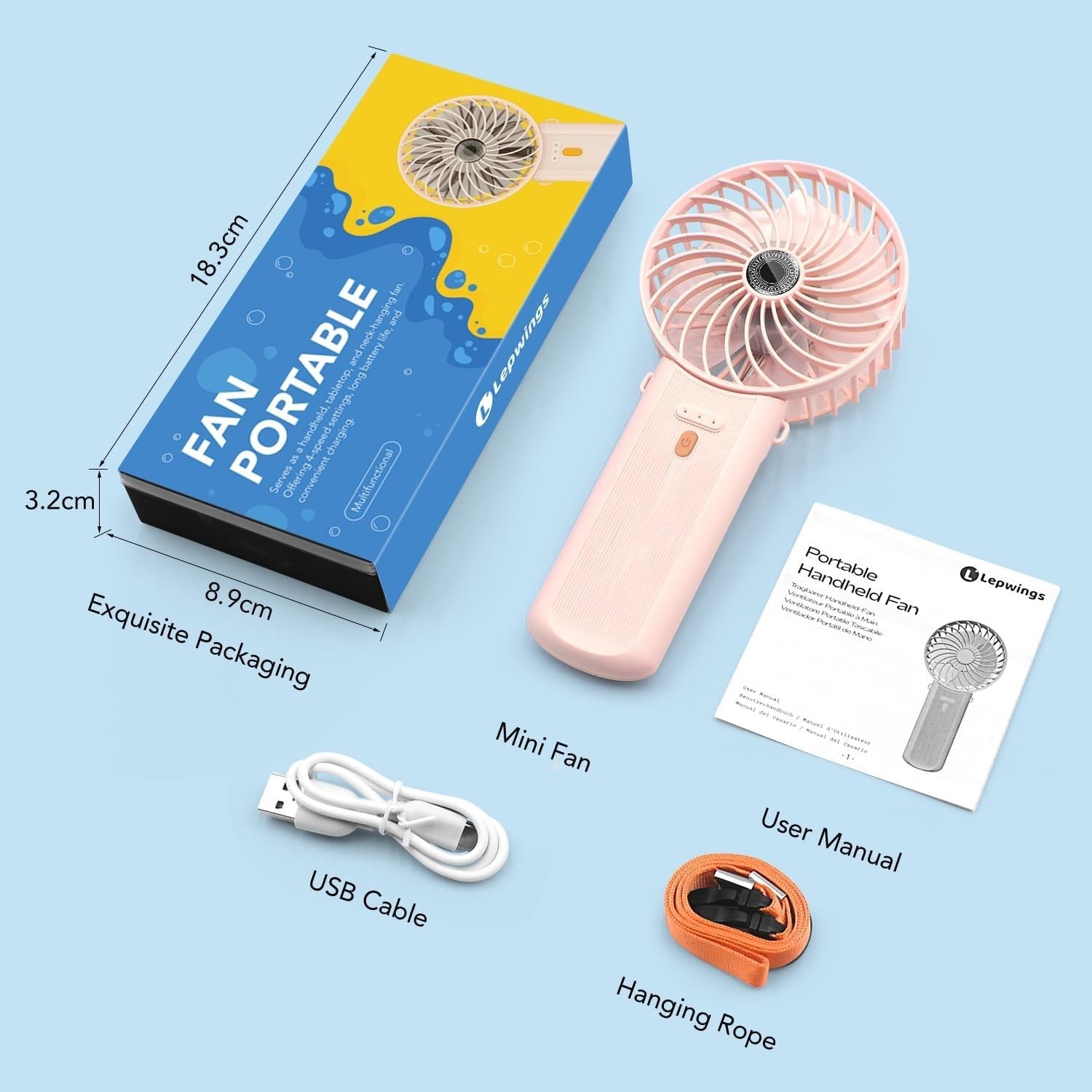 Lepwings Portable Mini Handheld Fan - Rechargeable Neck Hanging Fans with 16-Hou