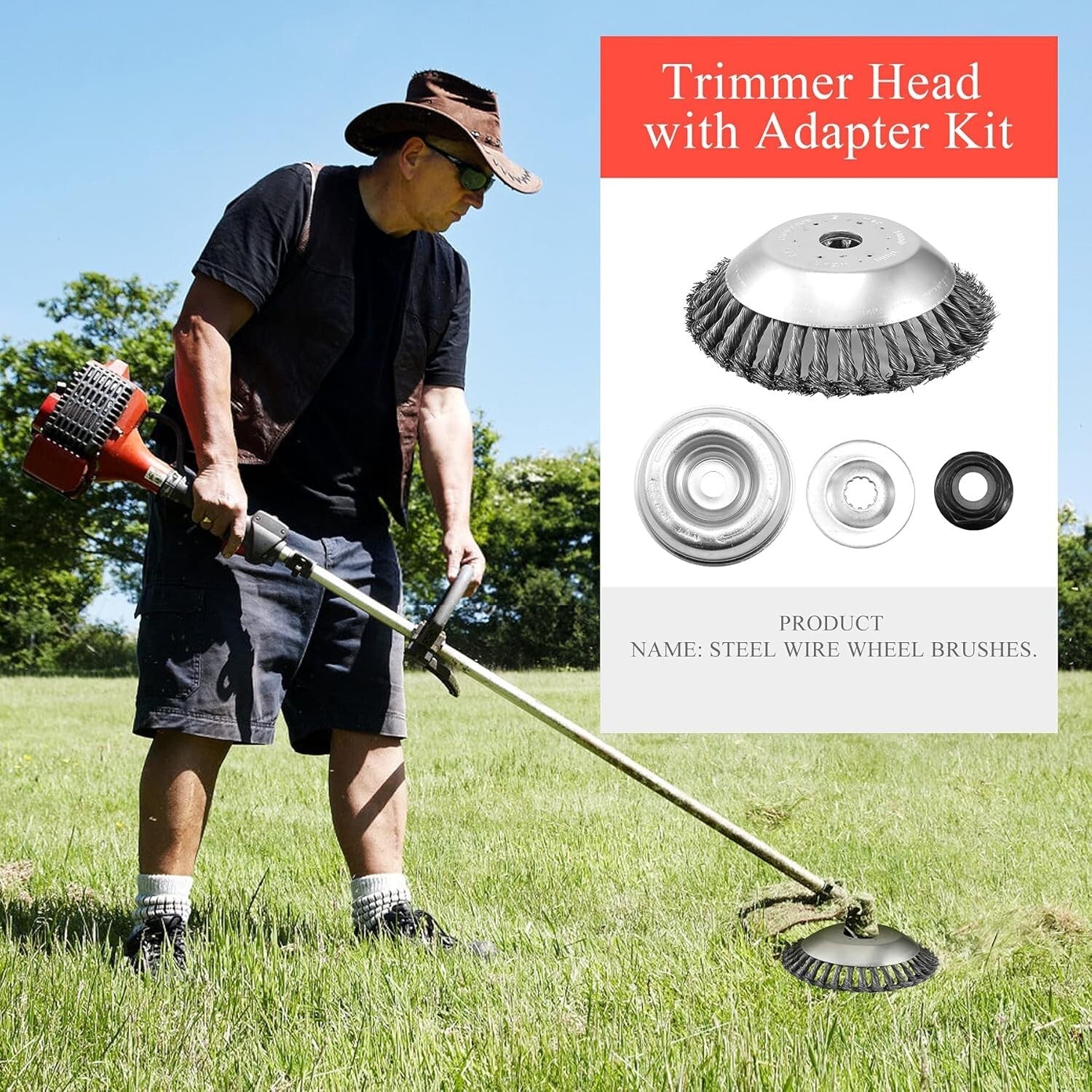 Viabrico strimmer wire brush cutter head, 8 inch steel trimmer with 4pcs ataptor