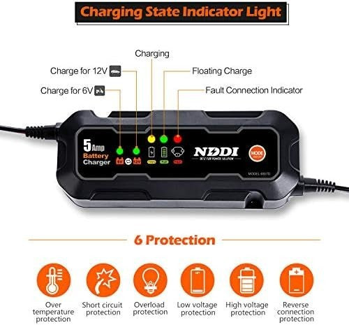 NDDI Car Battery Charger, 6V 12V 5A Quick Smart Trickle Battery Charger for Moto