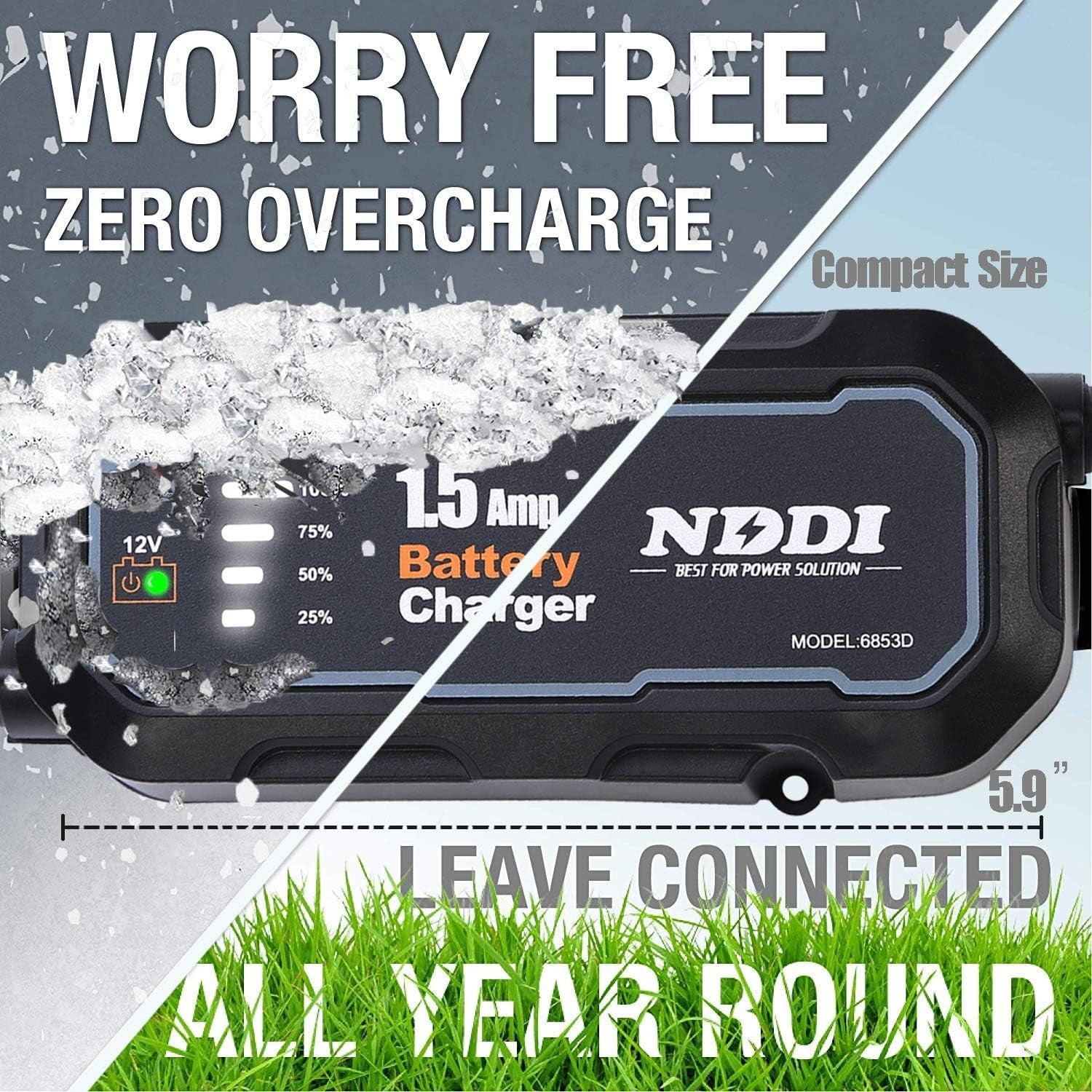 NDDI Car Battery Charger, Portable 12V 1.5Amp Smart Battery Charger with LED Cha