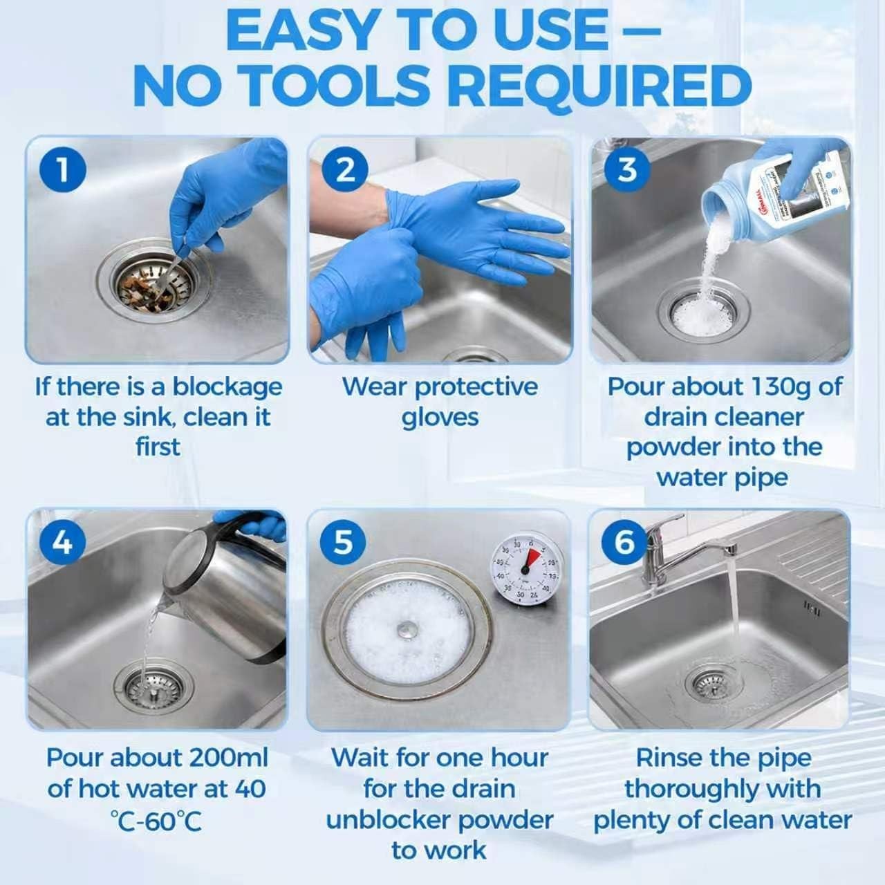 Drain Unblocker Sink Unblocker Heavy Duty Powder, One Shot Drain Cleaner, Toilet &amp; Kitchen Plughole Unblocker, Bathroom Shower Clog Remover, Safe for All Pipes 320g