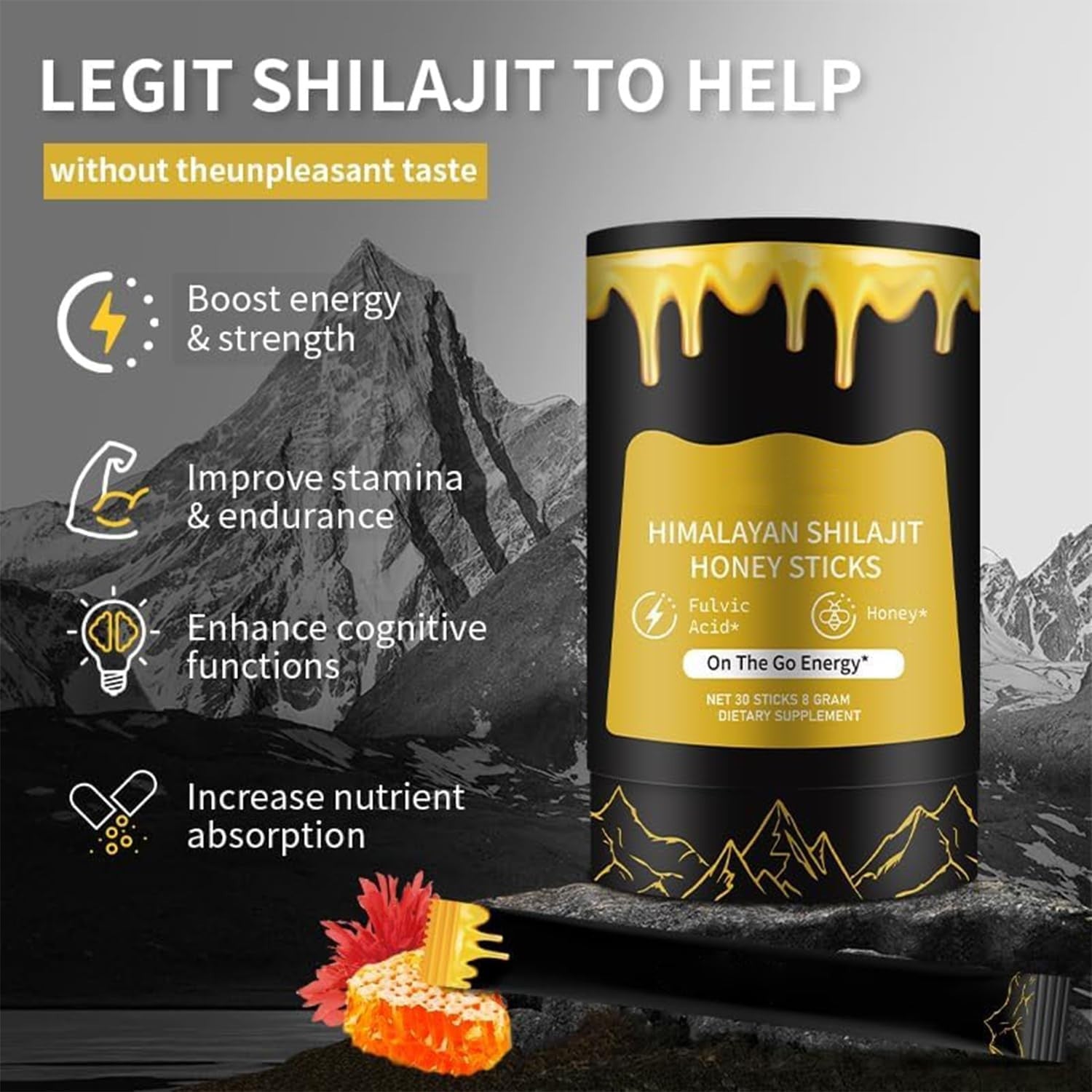 Shilajit Resin with Honey Sticks, 30 Sticks Individually wrapped - Gold Grade 10