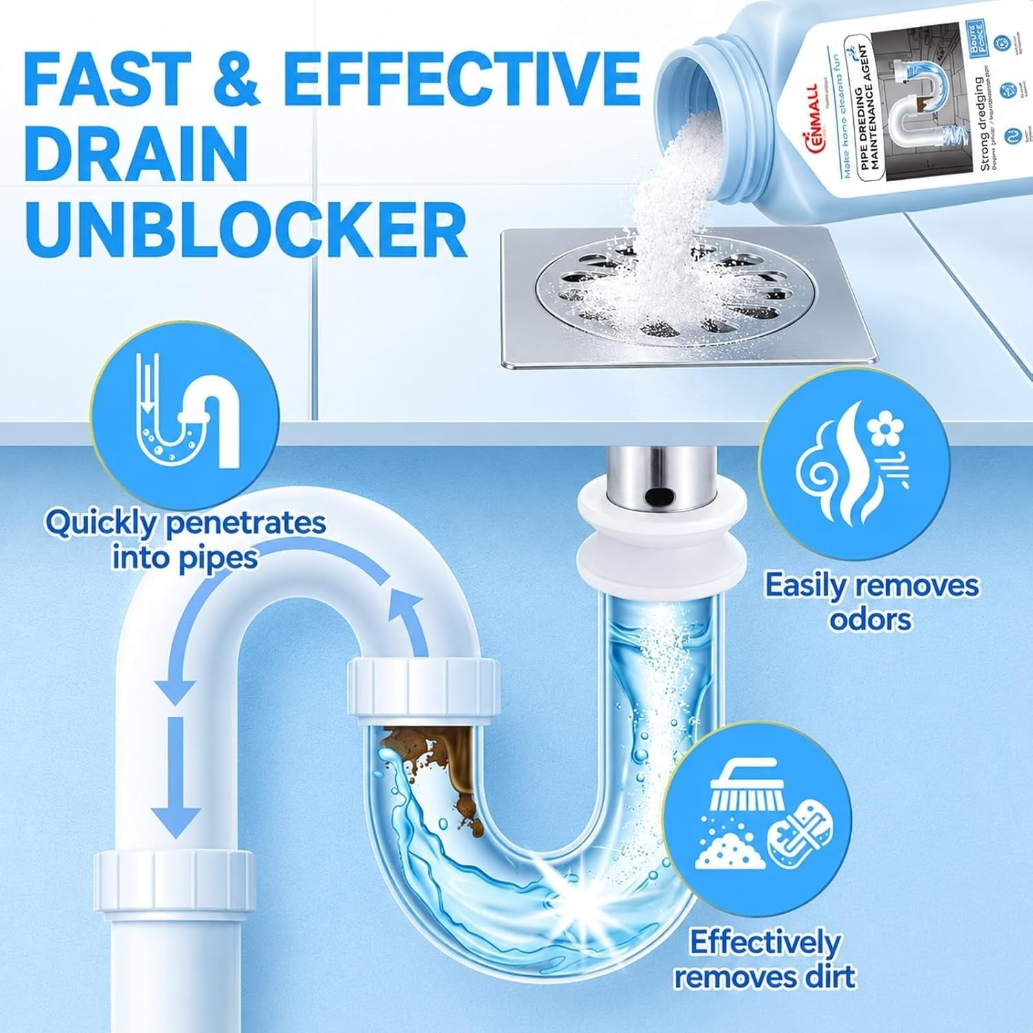 Drain Unblocker Sink Unblocker Heavy Duty Powder, One Shot Drain Cleaner, Toilet &amp; Kitchen Plughole Unblocker, Bathroom Shower Clog Remover, Safe for All Pipes 320g