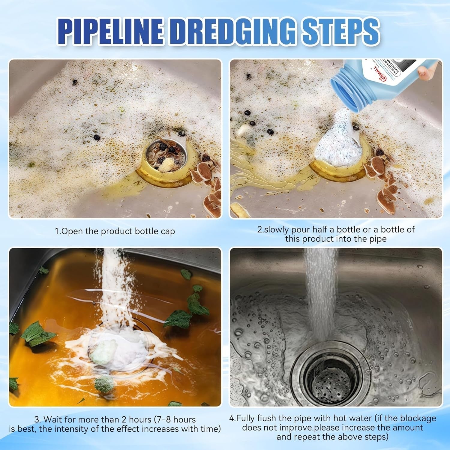 Drain Unblocker Sink Unblocker Heavy Duty Powder, One Shot Drain Cleaner, Toilet &amp; Kitchen Plughole Unblocker, Bathroom Shower Clog Remover, Safe for All Pipes 320g