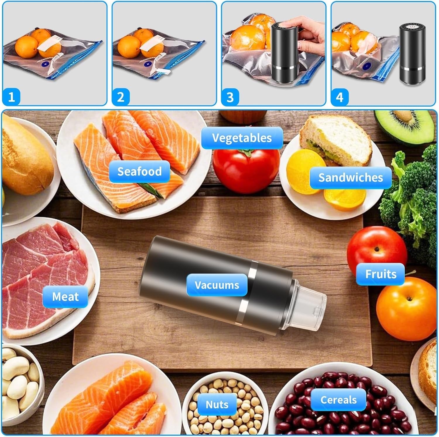 Portable Food Vacuum Sealer with 10pcs Reusable Sous Vide Bags Rechargeable Mini