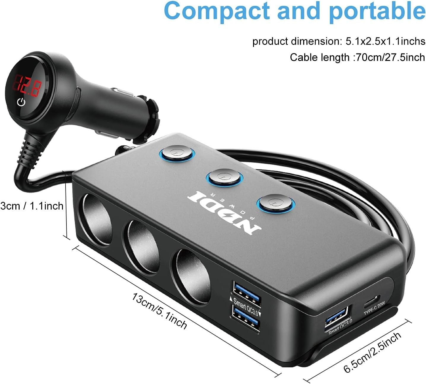 NDDI 120W Car Charger, Cigarette Lighter Splitter USB Car Adapter with QC 3.0 Qu