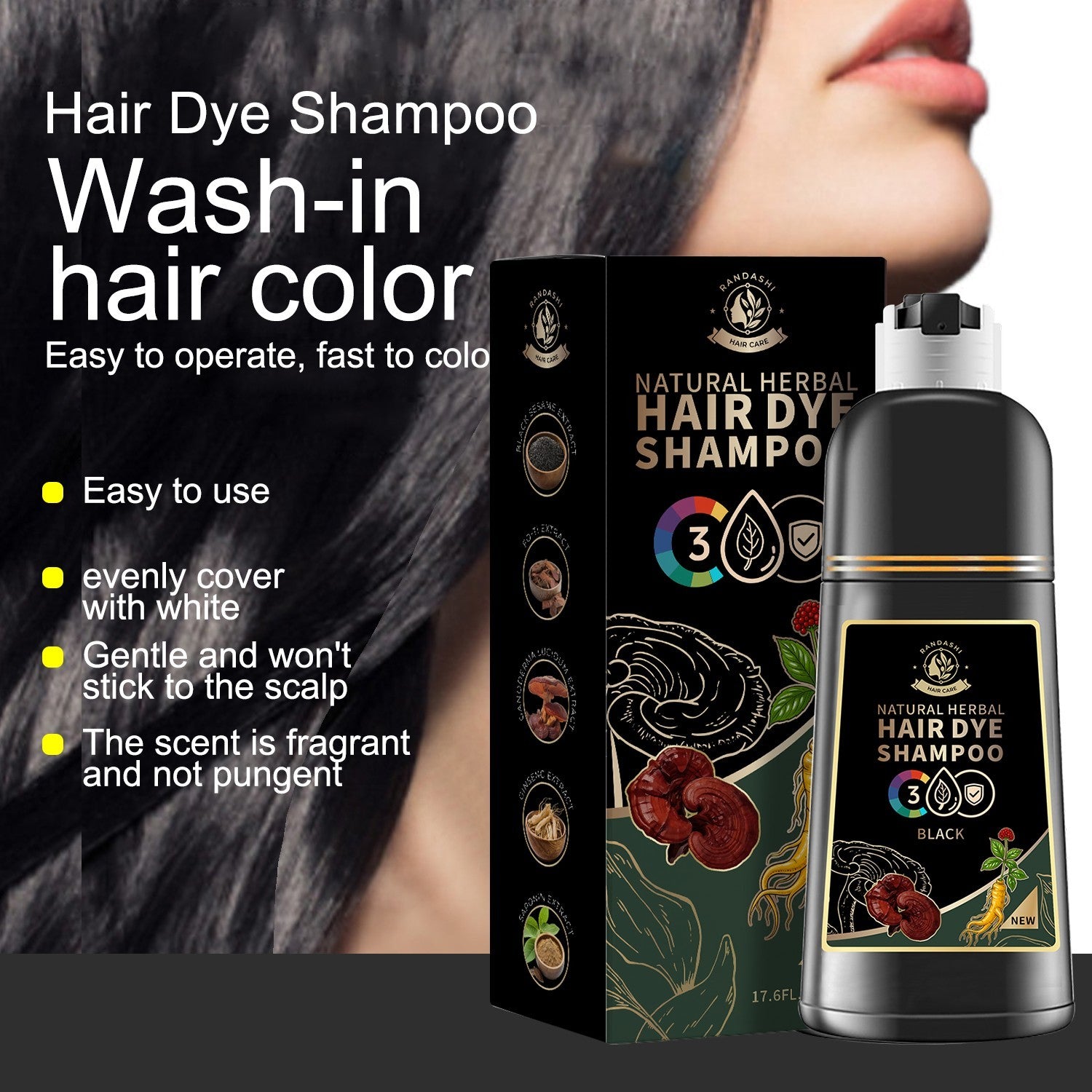 Black Hair Dye Shampoo 3 in 1 for Gray Hair, Hair Colour Shampoo for Women Men G