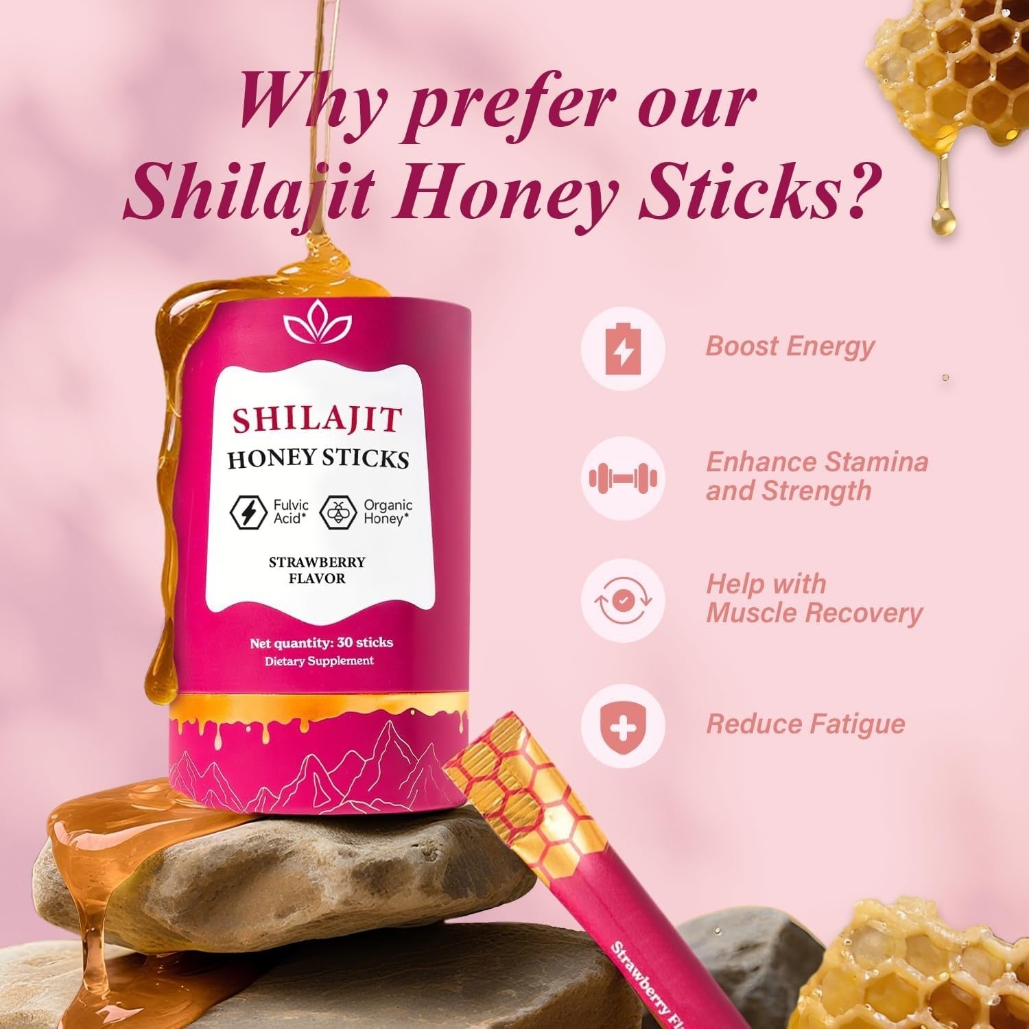 Shilajit Honey Sticks for Women - Strawberry Flavor | Hormone Balance & Natural