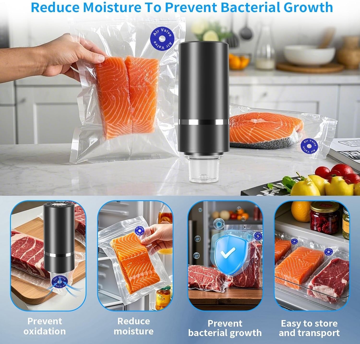 Portable Food Vacuum Sealer with 10pcs Reusable Sous Vide Bags Rechargeable Mini