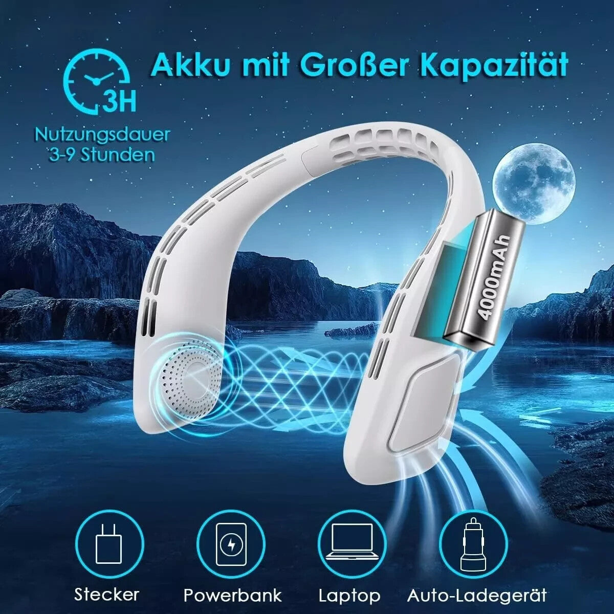 AJVV Portable Bladeless Neck Fan 3 Speeds USB Rechargeable Fan 4000mAh for Men