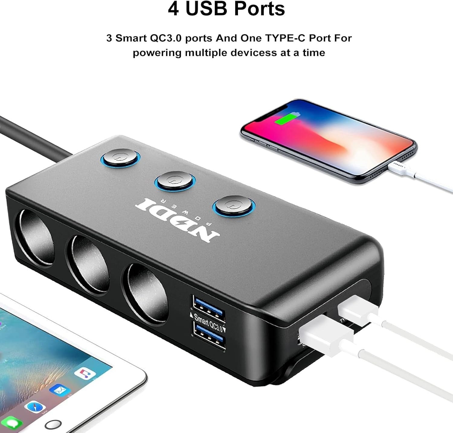 NDDI 120W Car Charger, Cigarette Lighter Splitter USB Car Adapter with QC 3.0 Qu