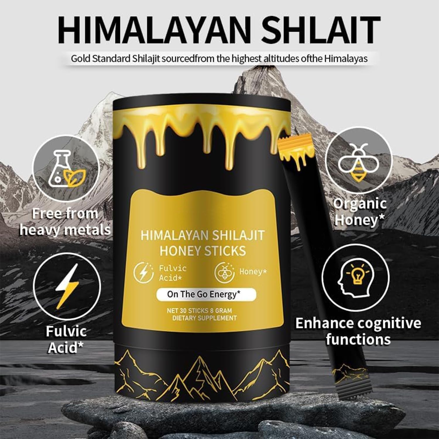 Shilajit Resin with Honey Sticks, 30 Sticks Individually wrapped - Gold Grade 10