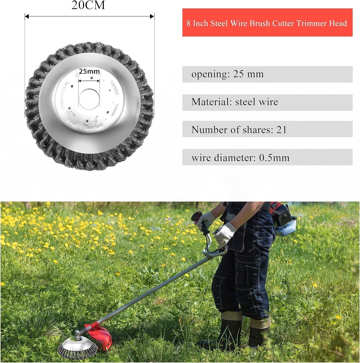 Viabrico strimmer wire brush cutter head, 8 inch steel trimmer with 4pcs ataptor