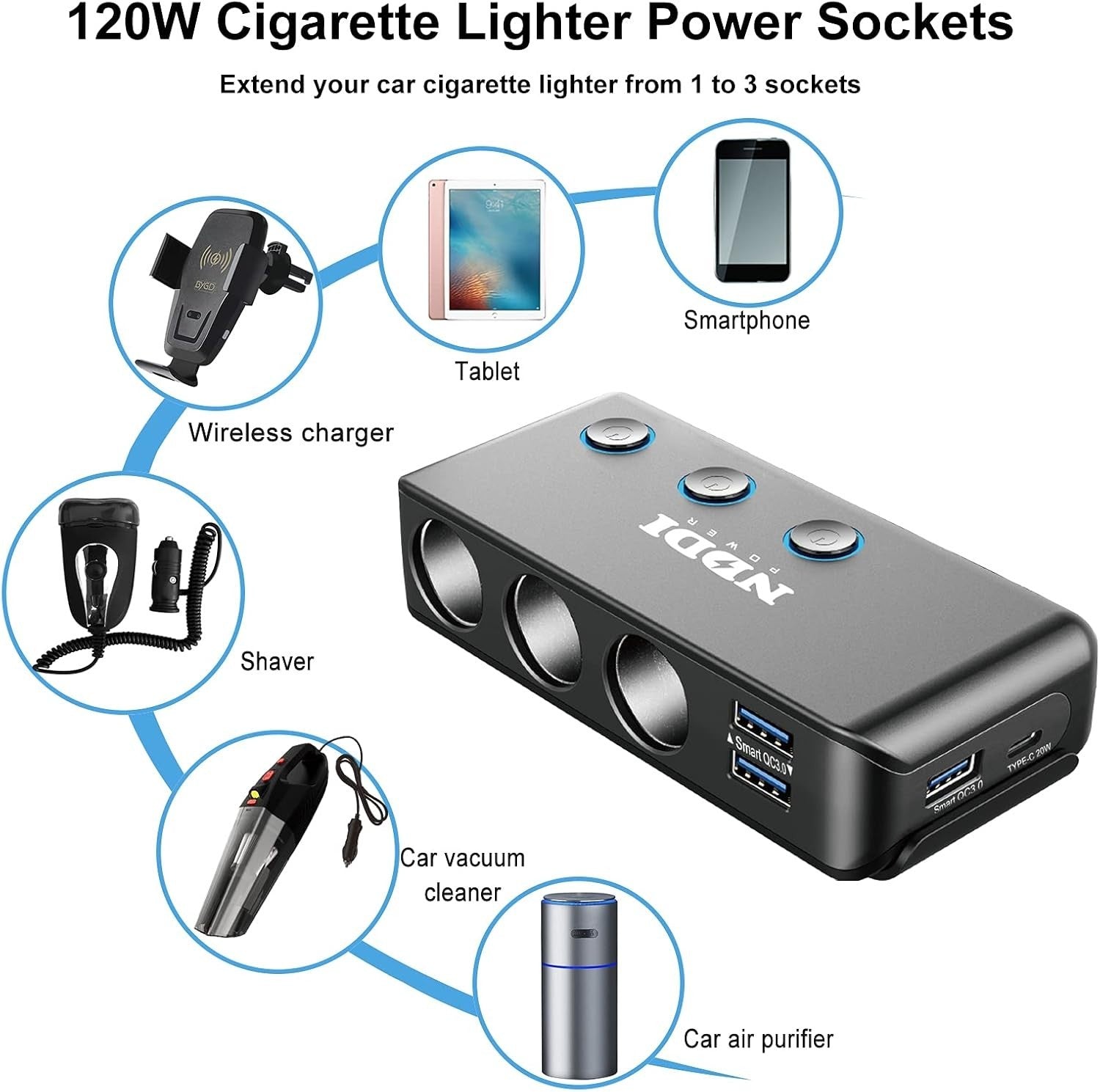 NDDI 120W Car Charger, Cigarette Lighter Splitter USB Car Adapter with QC 3.0 Qu